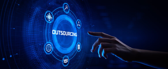 Outsourcing HR Global Recruitment Business finance concept. Hand pressing button on screen