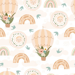 Children's seamless pattern with rainbow, air balloon, sun, bird and flower in pastel colors. Cute texture for kids room design, Wallpaper, textiles, wrapping paper, apparel. Vector illustration