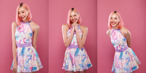 Asian Woman half body portrait turn rear side back view turn 360 pink