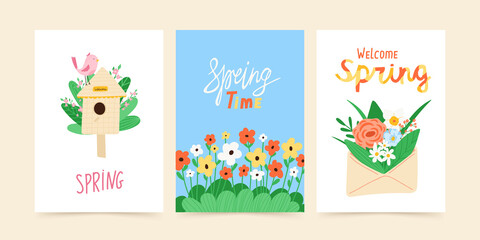 Spring set of illustrations with flowers, birdhouse, flowerbed and envelope with bouquet. Design concept of the arrival of spring. Collection of colorful posters, postcards. Vector