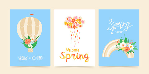 Naklejka premium Spring set of illustrations balloon with bouquet of flowers, cloud and rainbow with flowers. Design concept of the arrival of spring. Collection of colorful posters, postcards. Vector