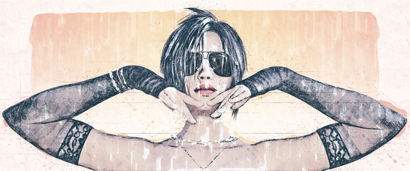 Beauty and fashion concept: Fashionable beautiful stylish woman in sunglasses, close-up in sketch, comic - manga  style.