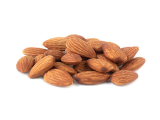Heap of organic almonds isolated on white background for almond nuts can improve health concept .