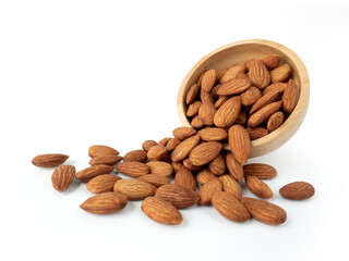 Organic almonds in wooden bowl pouring almonds isolated on white background for almond nuts can improve health concept.