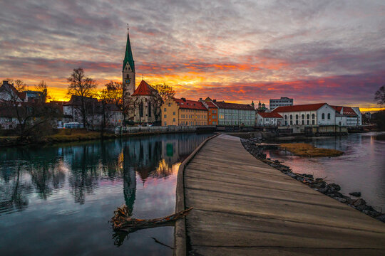 Kempten city and river Iller sunset	