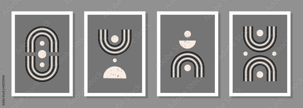 Poster modern abstract set aesthetic backgrounds with textured various geometric shapes on grey background.