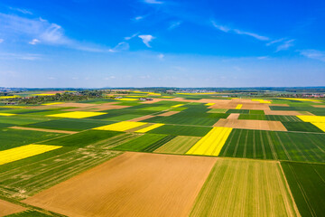 Aerial view, Germany, Hesse, Wetterau, Lich region, Munzenberg, agriculture villages with fields...
