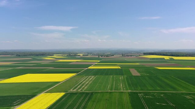 Aerial view, Germany, Hesse, Wetterau, Lich region, Munzenberg, flight at agriculture villages with fields and rapeseed