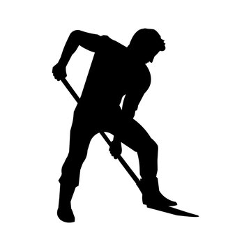 recommend clip art: Silhouette of a man with a shovel digs soil. Farmer or gardener planting in the garden or