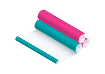 Isometric vector illustration wallpaper rolls isolated on white background. Realistic colorful rolls of wallpaper icon in flat cartoon style. Wallpaper sticking. Renovation and reconstruction.