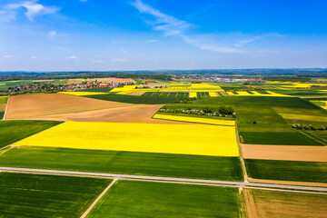 Aerial view, Germany, Hesse, Wetterau, Lich region, Munzenberg, agriculture villages with fields...