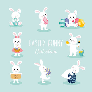 Easter Bunny collection. Vector set with cute bunnies and Easter eggs. Illustration for the Easter holiday. Elements for the design of postcards, posters, and stickers