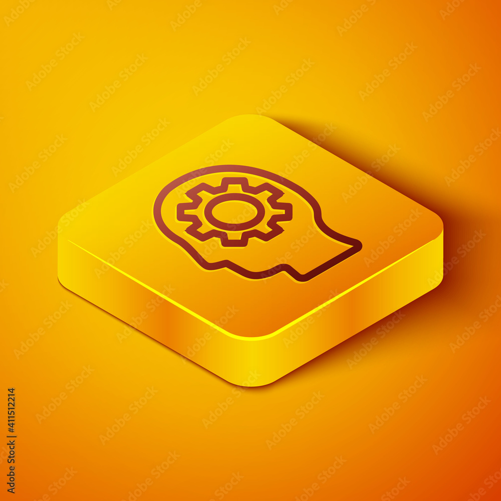 Poster Isometric line Human head with gear inside icon isolated on orange background. Artificial intelligence. Thinking brain. Symbol work of brain. Yellow square button. Vector.