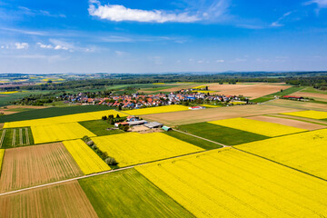 Aerial view, Germany, Hesse, Wetterau, Lich region, Munzenberg, agriculture villages with fields...