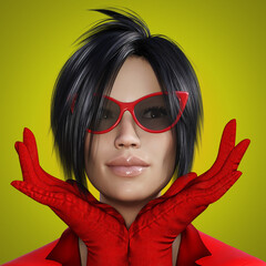 New retro style fashionable young beautiful woman in sunglasses and red gloves. 3D rendering
