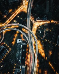 Aerial View Of Highway Roads At Night