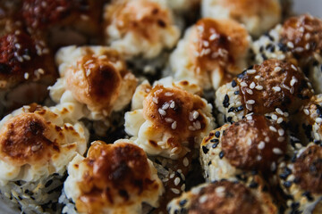 Close Up Set of Japanese sushi roll on dark background