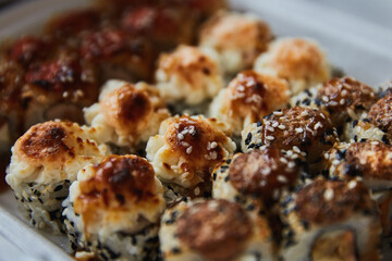 Close Up Set of Japanese sushi roll on dark background