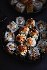 Close Up Set of Japanese sushi roll on dark background