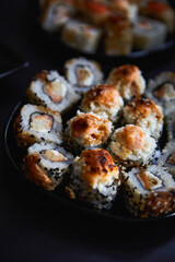 Close Up Set of Japanese sushi roll on dark background