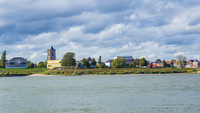 Tiel, Netherlands - October 4, 2020: Skyline of city Tiel with Waal in Betuwe, Gelderland, Netherland