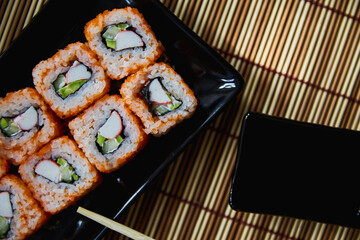 Set of sushi maki with on bamboo background