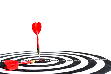 Target hit in the center by arrows. Success goals Targeting the business concept. Target and goal as concept. isolated on white background.