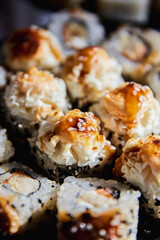 Close Up Set of Japanese sushi roll on dark background