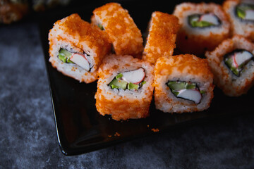 Close Up Set of Japanese sushi roll on dark background