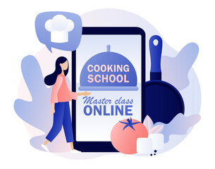 Cooking school - text on smartphone screen. Tiny woman with kitchen tools and foods learns to cook in сulinary online master class. Modern flat cartoon style. Vector illustration on white background
