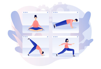 Yoga online classes. Tiny people in asanas practicing hatha yoga and meditation. Stay home concept. Modern flat cartoon style. Vector illustration on white background