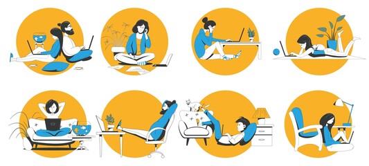 A set of different people working and having fun with a laptop at home. Online training, remote work, webinars and freelance.