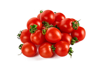 Fresh tasty red cherry tomatoes on white background