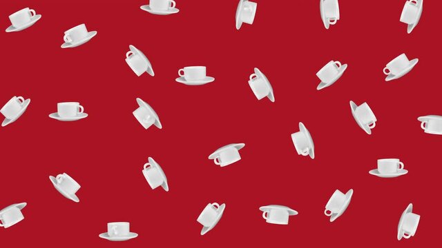 empty coffee cups wiggle on a red background. seamless looping animation of realistic 3d food and drink. minimal motion design art
