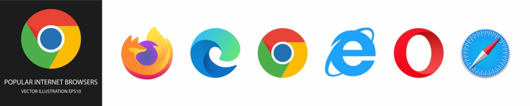 Mozilla Firefox, Microsoft Edge, Google Chrome, Internet Explorer, Opera, Safari - popular internet browsers. Kyiv, Ukraine - February 6, 2021