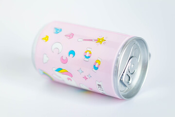 Front and side aluminum soda or beer can. Metallic tin pink beverage can with ring on lid isolated on white background.