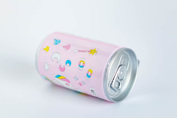 Front and side aluminum soda or beer can. Metallic tin pink beverage can with ring on lid isolated on white background.