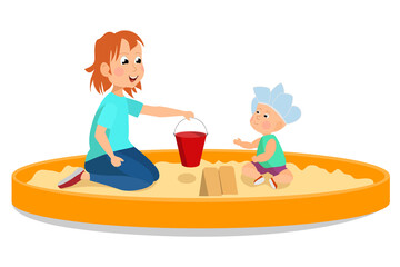 Children play in the sandbox. A girl and a kid make shapes out of sand with a bucket. Cartoon style vector isolated on white.