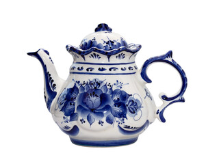 Porcelain Teapot for Brewing Tea decorated with an ornament in the traditional Russian style Gzhel