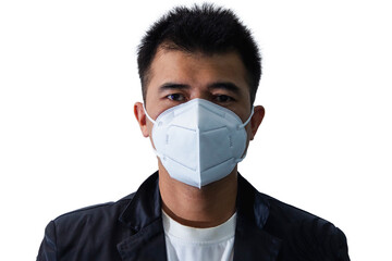 Asian men in black suits and white hygienic mask protect against diseases, viruses and germs isoloated