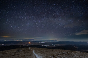 Beautiful starry sky in the Ukrainian mountain village
