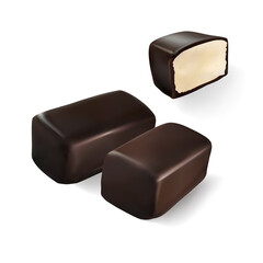 Rectangular shaped chocolate candy bar whole and half. Vector realistic 3d illustration. Glazed curd russian dessert sweet cream dairy product isolated on White