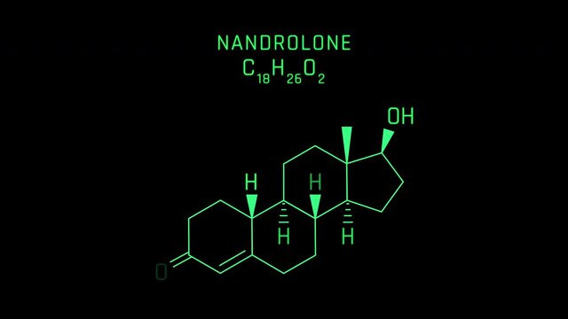 Nandrolone also known as 19 Nortestosterone Molecular Structure Symbol Neon Animation on black background