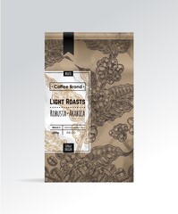 Coffee pack design with label and hand drawn sketch of coffee branches and beans. Vector template of packaging design