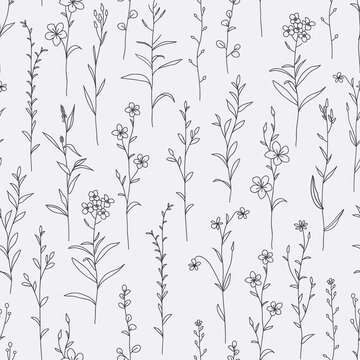 Seamless pattern with hand drawn wild flowers silhouette. Gray background with blossoming outline flowers. Vintage floral wallpaper. Vector stock illustration.