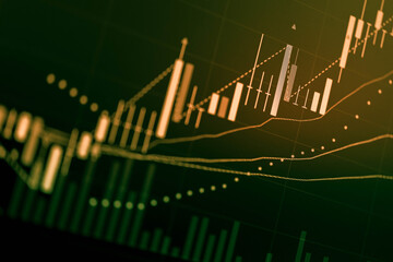 Candlestick chart in financial stock market on digital number background. Forex trading graphic design and Stock market trading trend as concept.	