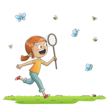 Girl wants to catch butterflies. Hand drawn vector illustration with separate layers.