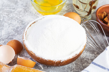 Flour and ingredients for making dough. Ingredients for baking pizza, bread, bakery