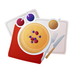 Plate with pancakes, jams and berries. Illustration of traditional breakfast with cup of tea isolated on white. Decorated with cloth napkin.