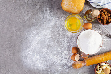 Flour and ingredients for making dough. Ingredients for baking pizza, bread, bakery